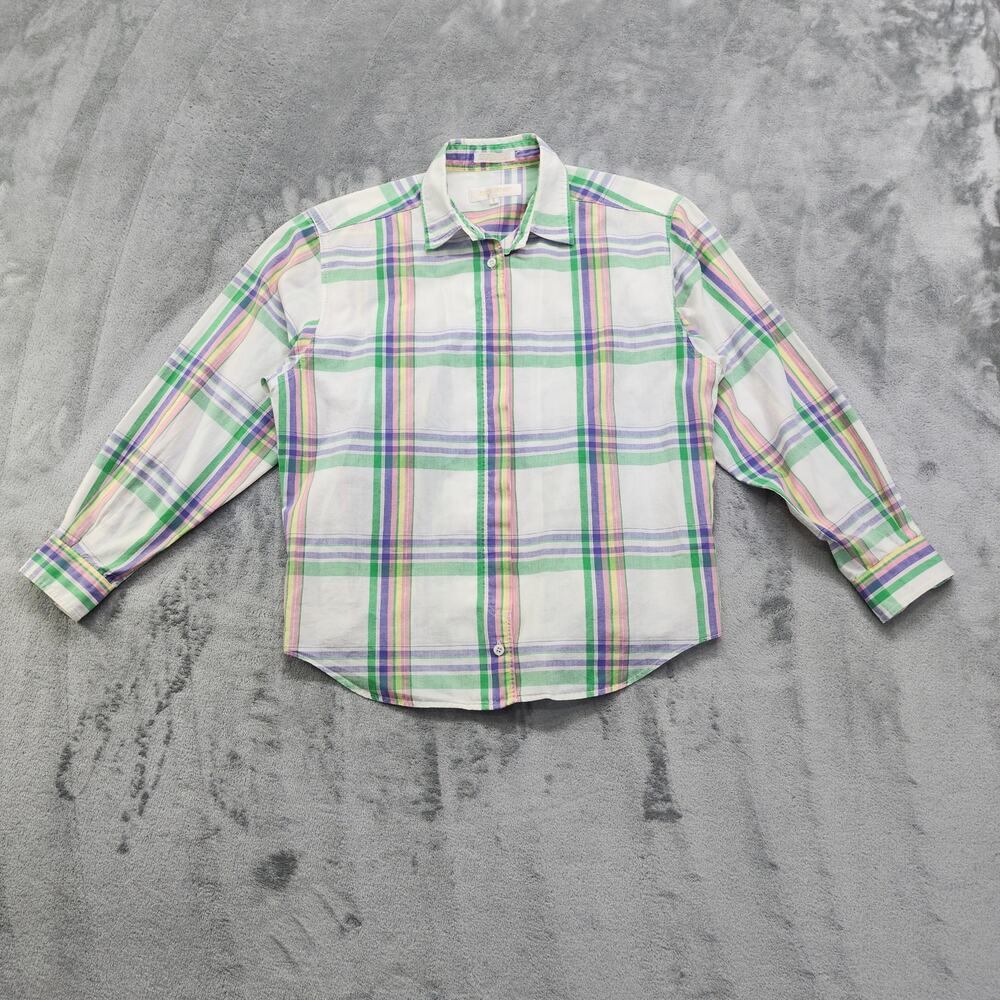 Vintage John Henry Shirt Womens Size 4 White Pastel Plaid Long Sleeve Cotton‎